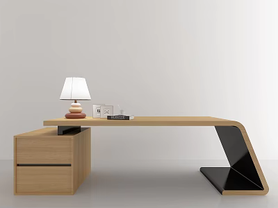 Modern Office Desk With Wooden Tabletop Drawer Cabinet Table Lamp Photo Frame And Books 3d model