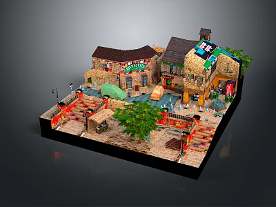 Cartoon Scene Model With Colorful Houses Green Trees Water Pool And Decorative Elements 3d model