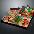 Cartoon Scene Model With Colorful Houses Green Trees Water Pool And Decorative Elements