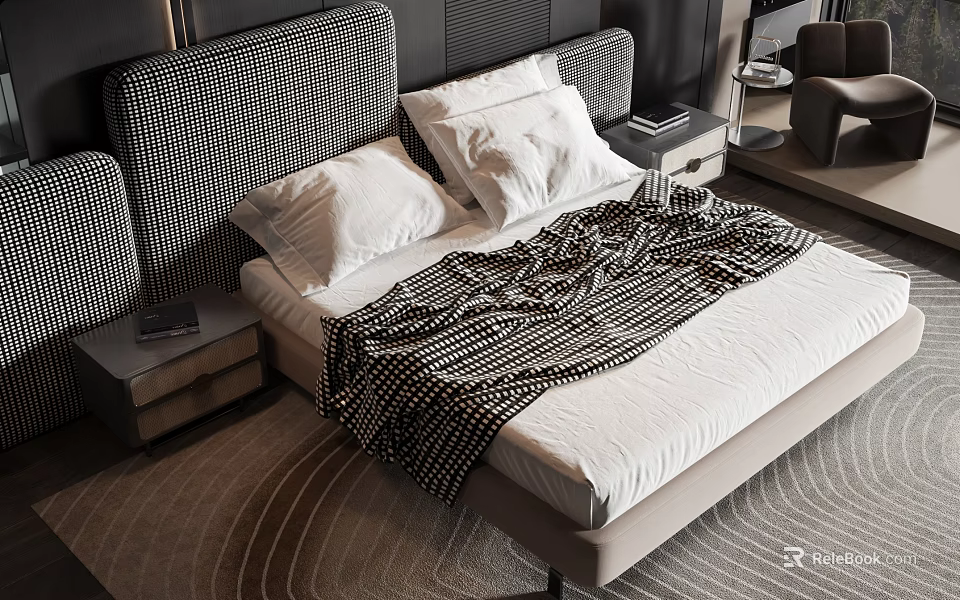 Stylish Double Bed With Checkered Headboard White Pillows Striped Blanket Wooden Nightstand And Geometric Rug 3d model 