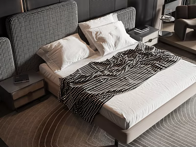 Stylish Double Bed With Checkered Headboard White Pillows Striped Blanket Wooden Nightstand And Geometric Rug 3d model