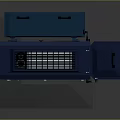 Blue Industrial Device With Multiple Circular Holes And Top Lid On Gray Platform