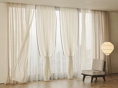 Beige Sheer Window Curtains With Pleated Design Tied Back In Modern Room 3d model
