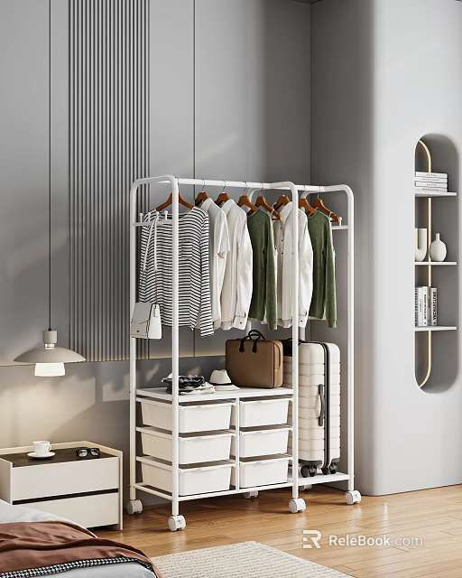 Indoor Modern Clothing Rack Featuring Hanging Clothes Drawers Storage Suitcase And Bag 3d model 