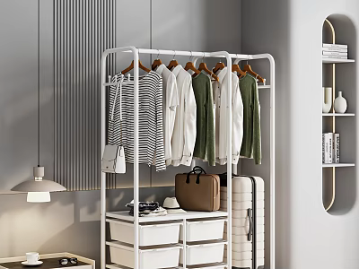 Indoor Modern Clothing Rack Featuring Hanging Clothes Drawers Storage Suitcase And Bag 3d model