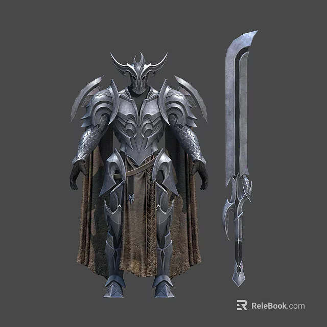 Detailed Fantasy Armored Character With Horned Helmet Metal Armor Cloak And Long Sword 3d model 