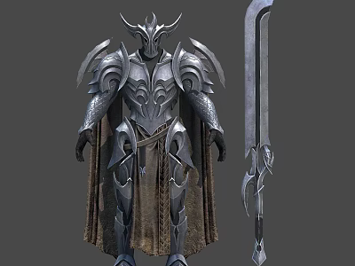 Detailed Fantasy Armored Character With Horned Helmet Metal Armor Cloak And Long Sword 3d model