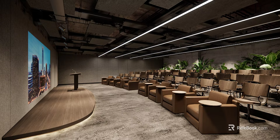 School Lecture Hall Interior Design With Podium Seats Projection Screen And Green Plants 3d model 
