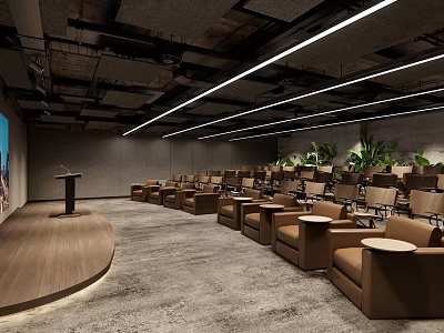 School Lecture Hall Interior Design With Podium Seats Projection Screen And Green Plants 3d model
