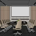 Modern Conference Room Interior With Long Table White Chairs Projection Screen And Large Windows