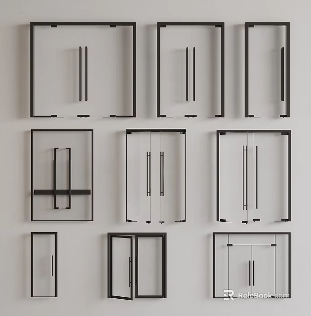 Modern Double Doors Design Featuring Different Frame Styles And Handle Variations 3d model 