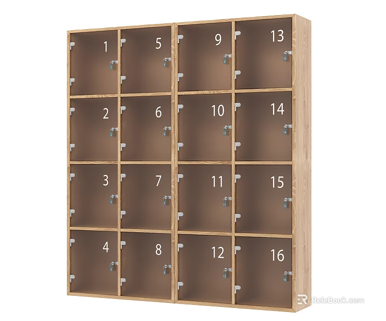 Wooden Locker Unit With Multiple Numbered Compartments And Secure Locks 3d model 