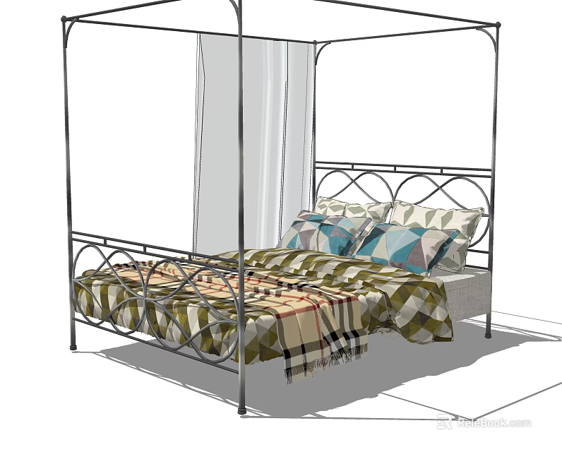 Double Bed With Metal Frame Four Poster Design Plaid Quilt Pillows And White Drapes 3d model 