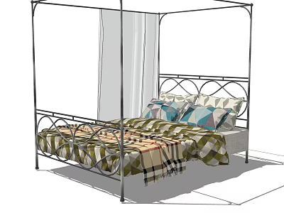 Double Bed With Metal Frame Four Poster Design Plaid Quilt Pillows And White Drapes 3d model