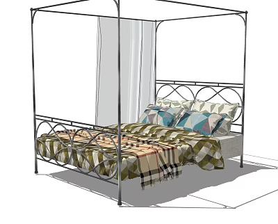Double Bed With Metal Frame Four Poster Design Plaid Quilt Pillows And White Drapes 3d model