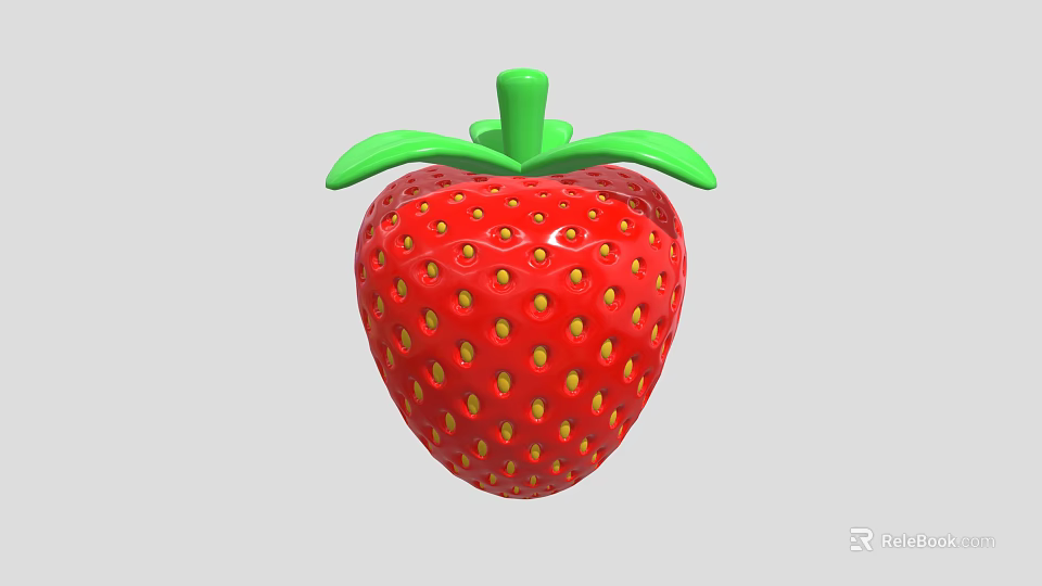 Red Strawberry Fruit With Green Leaves And Small Yellow Seeds On Surface 3d model 