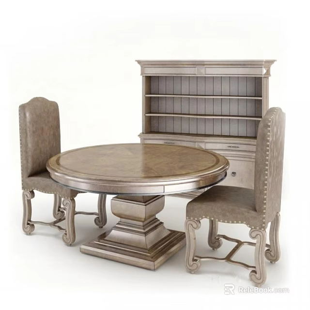 Classic Style Dining Table Set with Round Table Two Chairs and Sideboard Cabinet 3d model