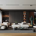 Modern Living Room Interior With White Sofa Coffee Table Bookshelves And Green Plants