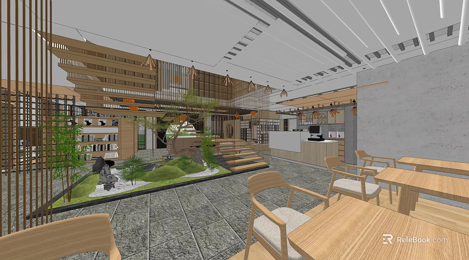 Traditional Teahouse Interior With Wooden Structures Green Plants Rockery Steps And Wooden Furniture 3d model 