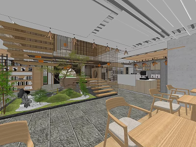 Traditional Teahouse Interior With Wooden Structures Green Plants Rockery Steps And Wooden Furniture 3d model