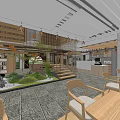 Traditional Teahouse Interior With Wooden Structures Green Plants Rockery Steps And Wooden Furniture