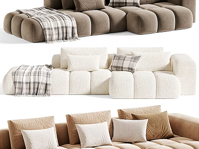 Cozy Sectional Sofa With Beige Brown Plush Upholstery Throw Pillows And Checkered Blanket 3d model