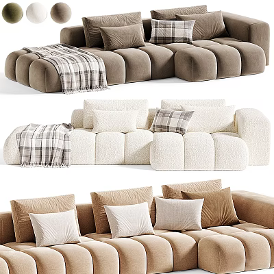 Cozy Sectional Sofa With Beige Brown Plush Upholstery Throw Pillows And Checkered Blanket 3d model