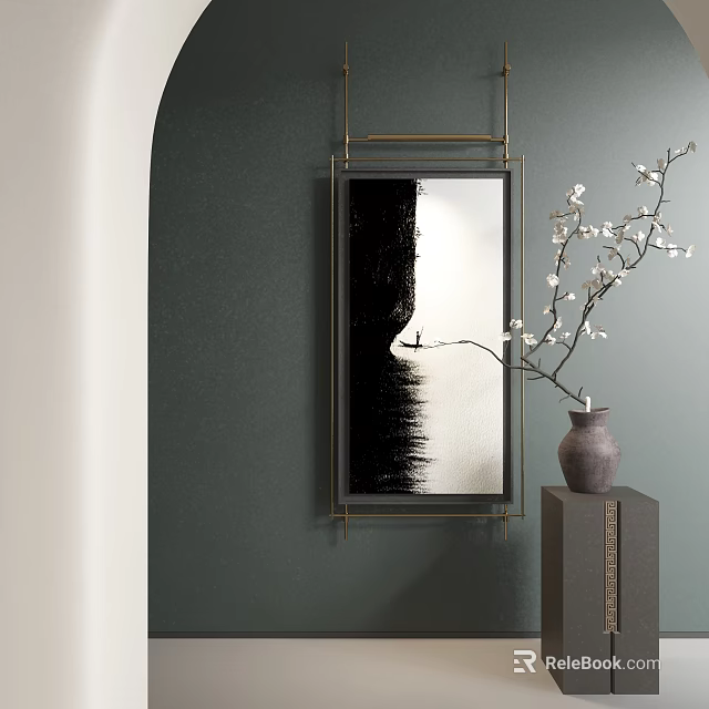Abstract Black And White Painting In Room With Vase And Flowers 3d model 