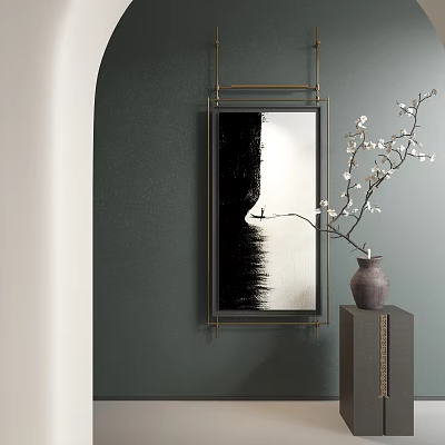 Abstract Black And White Painting In Room With Vase And Flowers 3d model
