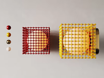 Red and Yellow Grid Design Wall Lamps With Colorful Balls Beside 3d model