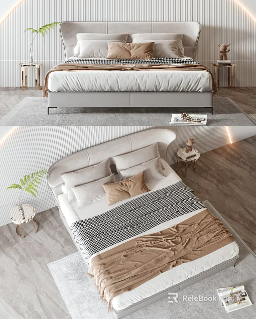Modern Double Bed Interior with Upholstered Headboard Striped Bedding Wooden Nightstands and Potted Plant 3d model 