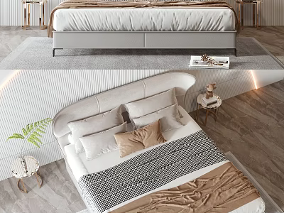 Modern Double Bed Interior with Upholstered Headboard Striped Bedding Wooden Nightstands and Potted Plant 3d model