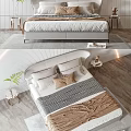 Modern Double Bed Interior with Upholstered Headboard Striped Bedding Wooden Nightstands and Potted Plant