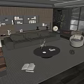 Modern Living Room With Gray Sofa Round Coffee Table Striped Rug And Wooden Bookshelf
