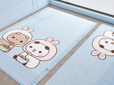 Light Blue Square Carpet with Cute Cartoon Rabbit Patterns and Fringed Edges 3d model