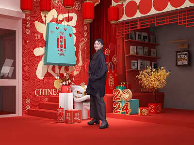 Chinese Style Live Stream Room With Red Lanterns Fortune Character 2024 Traditional Outfit Decorations 3d model