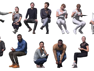 Group of Diverse People in Various Casual Poses and Sitting Positions 3d model