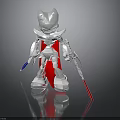 Detailed Silver Robot Figure With Red Cape And Blue And Red Weapons