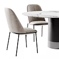 Modern Dining Table Set with Marble Top Beige Fabric Chairs and Black Metal Legs