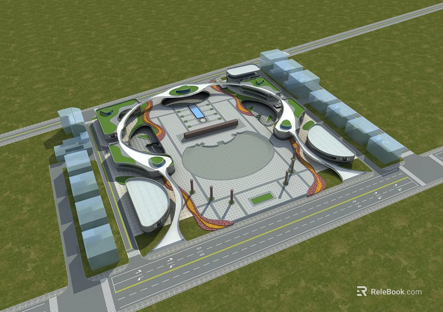 Modern Urban Architectural Complex Featuring Circular Square Green Lawn And Ring Structures 3d model