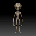 Man in Alien Costume with Large Eyes and Slender Body on Black Background