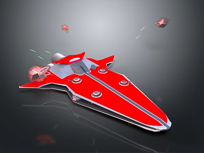 Futuristic Red Spaceship Engaging In Battle With Exploding Debris And Lasers 3d model