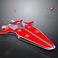 Futuristic Red Spaceship Engaging In Battle With Exploding Debris And Lasers 3d model