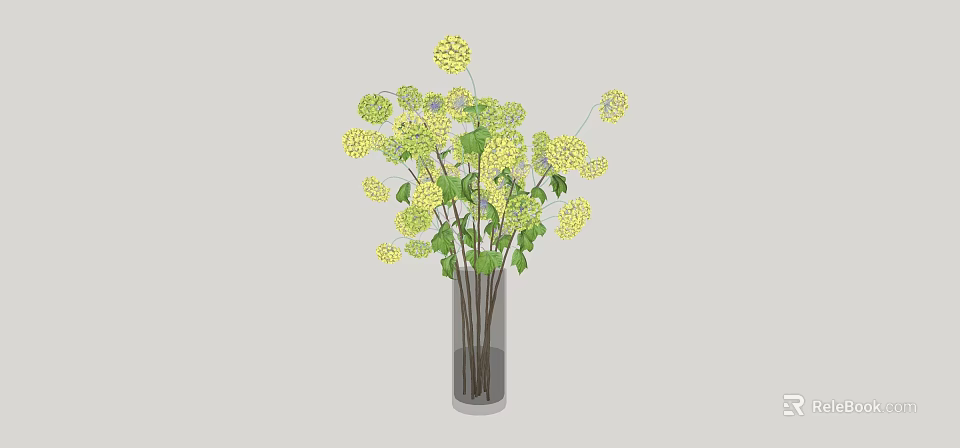Yellow Hydrangea Flowers in Tall Clear Glass Vase with Fresh Green Leaves 3d model 