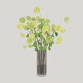 Yellow Hydrangea Flowers in Tall Clear Glass Vase with Fresh Green Leaves