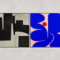 Abstract Paintings Featuring Black White Gray Geometric Shapes Textures Blue Curves And Red Dot