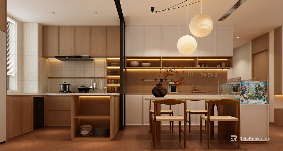 Modern Restaurant Kitchen Open Design With Wooden White Cabinets Pendant Lights Island Counter Dining Chairs 3d model 