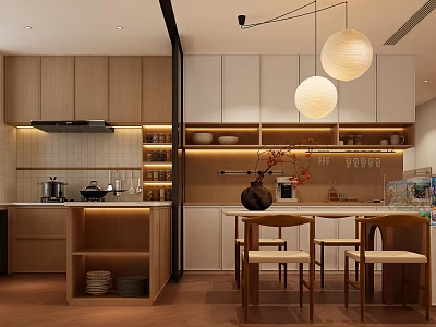 Modern Restaurant Kitchen Open Design With Wooden White Cabinets Pendant Lights Island Counter Dining Chairs 3d model