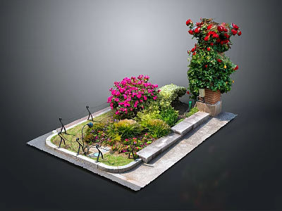 Small Garden Featuring Pink Flowers Red Blooms Green Plants Iron Decor And Stone Bench 3d model