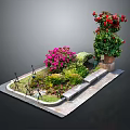 Small Garden Featuring Pink Flowers Red Blooms Green Plants Iron Decor And Stone Bench